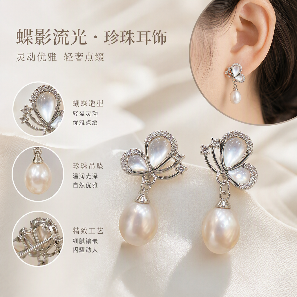 Pendientes de mariposa de plata incrustado piedra de luna perla colgante moda elegante orejeras para mujeres con accesorios