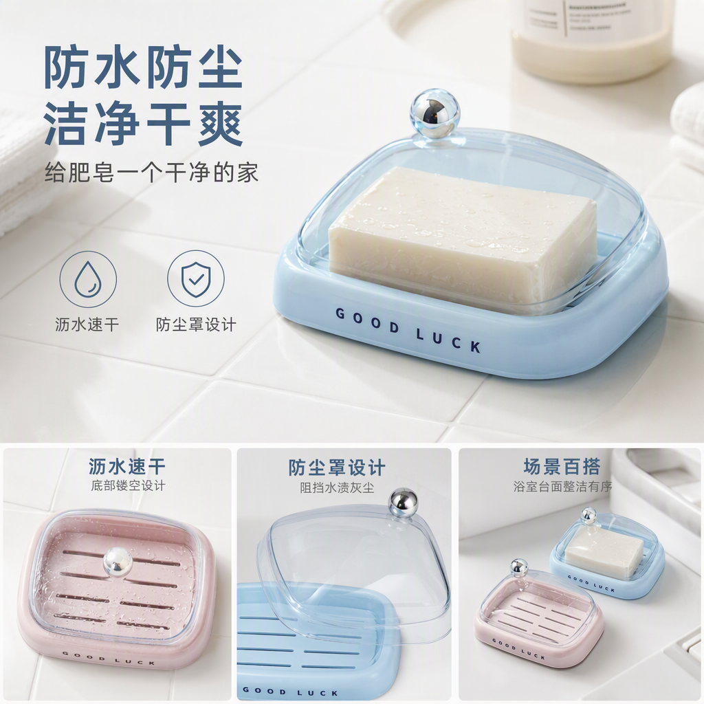 【CL】26Q1#6984 Pink and blue dual-color soap box, ceramic lid, metal handle, placed on checkered tiles, soap drainage storage rack, toothbrush and towel ornaments