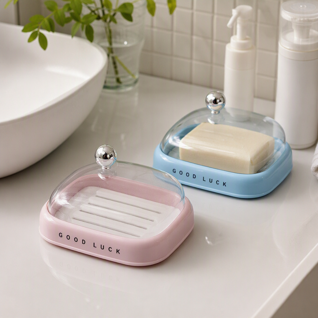 【CL】26Q1#6984 Pink and blue dual-color soap box, ceramic lid, metal handle, placed on checkered tiles, soap drainage storage rack, toothbrush and towel ornaments details Picture