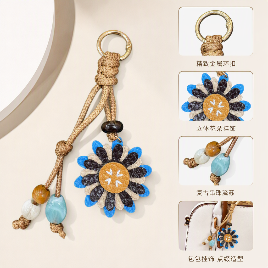 Colorful flower leather keychain, woven rope pendant, balloon dog-shaped, silver diamond-encrusted, fashionable and personalized key chain gift