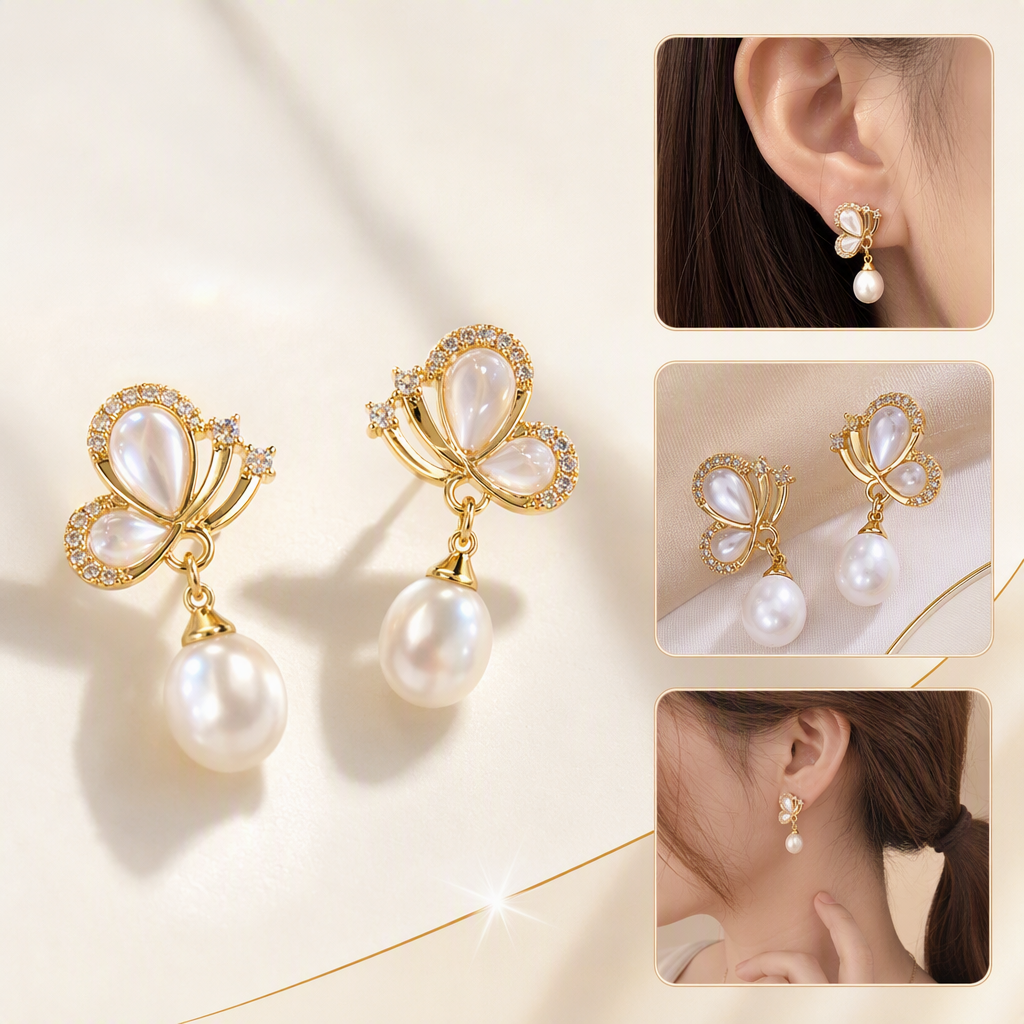Golden butterfly-shaped earrings set with pearl shells, fashionable and elegant earrings, trendy women's earrings