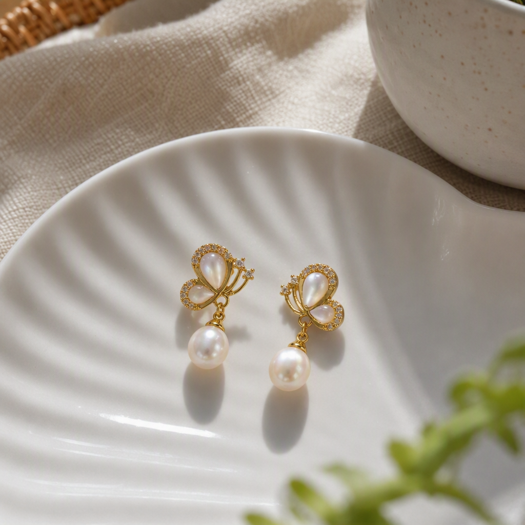 Golden butterfly-shaped earrings set with pearl shells, fashionable and elegant earrings, trendy women's earrings details Picture