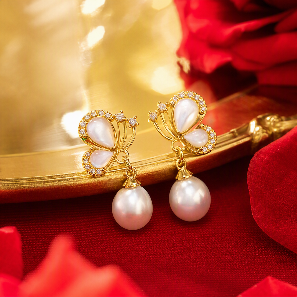 Golden butterfly-shaped earrings set with pearl shells, fashionable and elegant earrings, trendy women's earrings Specification image