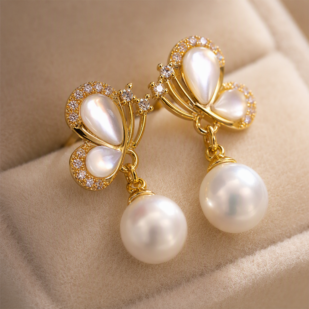 Golden butterfly-shaped earrings set with pearl shells, fashionable and elegant earrings, trendy women's earrings Application Scenario