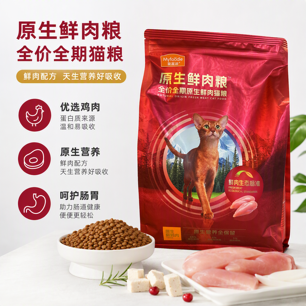 High-end cat food in red packaging bags, pet snacks, balanced nutrition, strong palatability, healthy feeding products