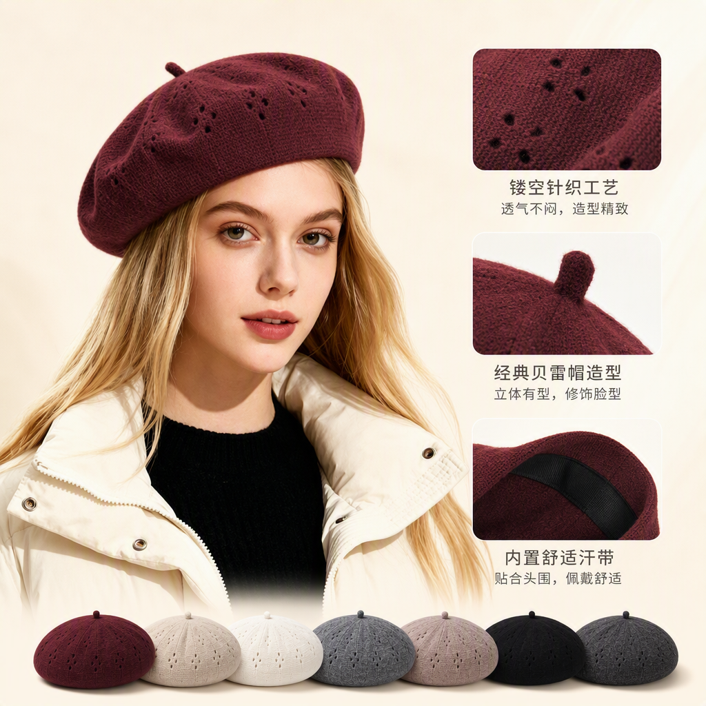 Beige hollowed-out beret is fashionable and versatile. It's a trendy hat for blonde women and a new casual hat accessory for autumn and winter