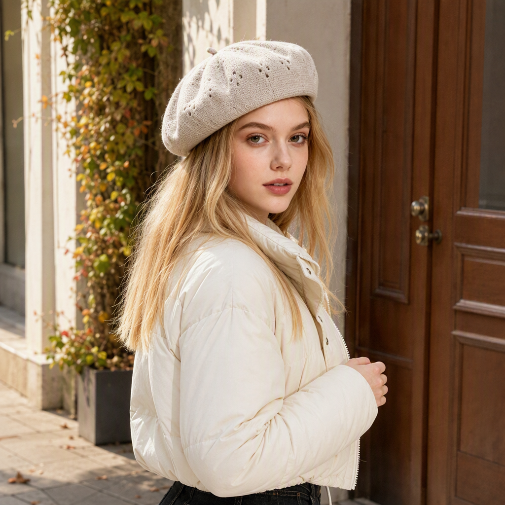 Beige hollowed-out beret is fashionable and versatile. It's a trendy hat for blonde women and a new casual hat accessory for autumn and winter details Picture