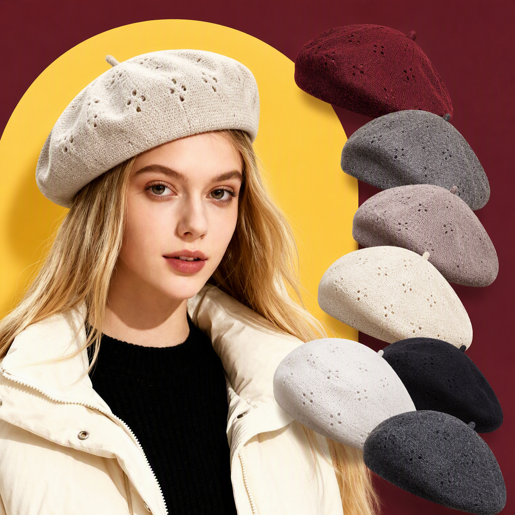 Beige hollowed-out beret is fashionable and versatile. It's a trendy hat for blonde women and a new casual hat accessory for autumn and winter Specification image