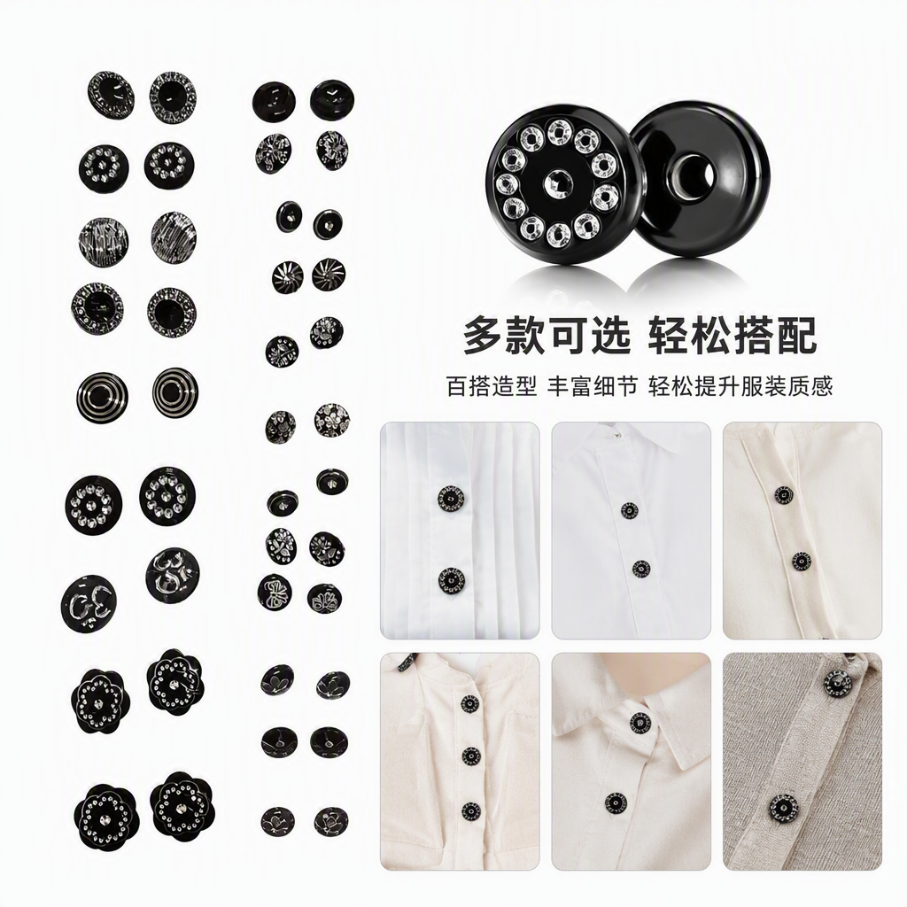 Fashionable black decorative buttons, metallic texture, simple clothing accessories, clothing accessories, DIY handcrafted accessories