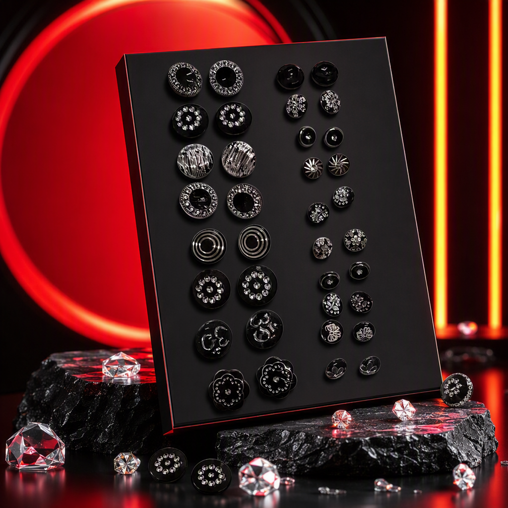 أزرار مزخرفة باللون الأسود من أزياء، مصنوعة من المعدن، مصنوعة من المعدن Specification image