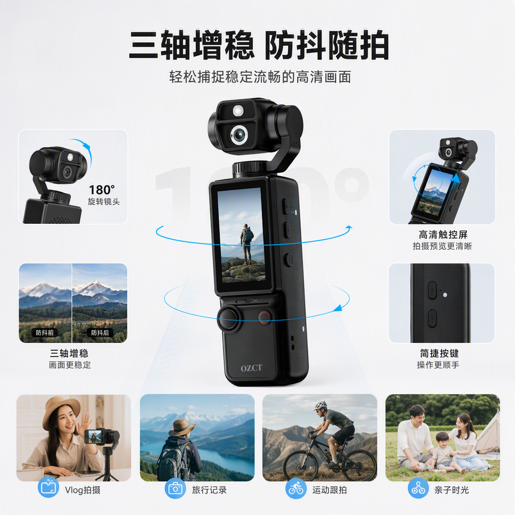 Multi-functional color handheld pan-tilt camera, high-definition video recording, selfie, live streaming, stable anti-shake portable device