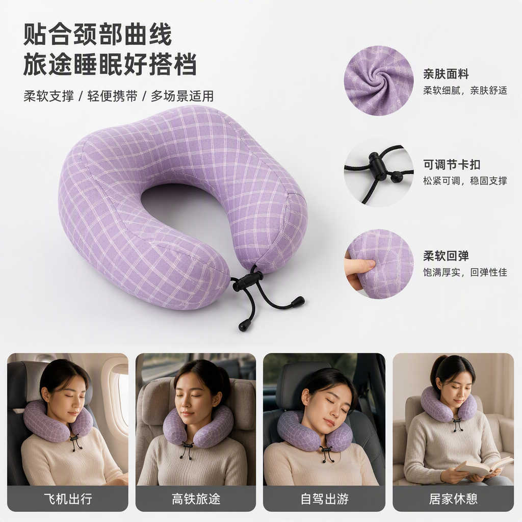 Heating grid U-shaped pillow, slow rebound memory foam, nap travel pillow, comfortable neck protection pillow, wholesale for export, ins multi-functional memory foam U-shaped pillow, checkered design, travel inflatable neck protection pillow, simple and comfortable style details Picture