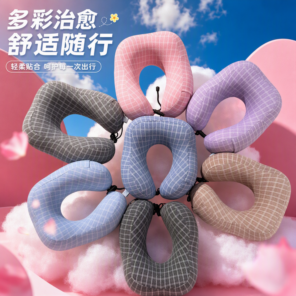 Heating grid U-shaped pillow, slow rebound memory foam, nap travel pillow, comfortable neck protection pillow, wholesale for export, ins multi-functional memory foam U-shaped pillow, checkered design, travel inflatable neck protection pillow, simple and comfortable style Specification image