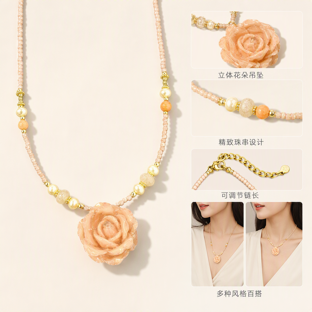 Rosa rosa flor colgante collar moda elegante lady accesorios regalo para novia regalo de cumpleaños