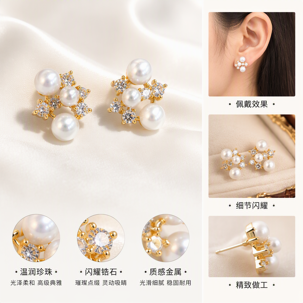 Shining golden pearl and diamond stud earrings for women, simple and versatile earrings, fashionable earrings gift selection