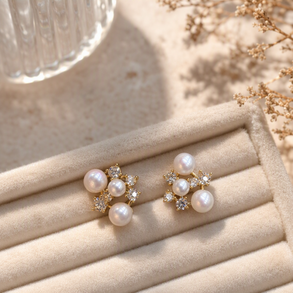 Shining golden pearl and diamond stud earrings for women, simple and versatile earrings, fashionable earrings gift selection details Picture