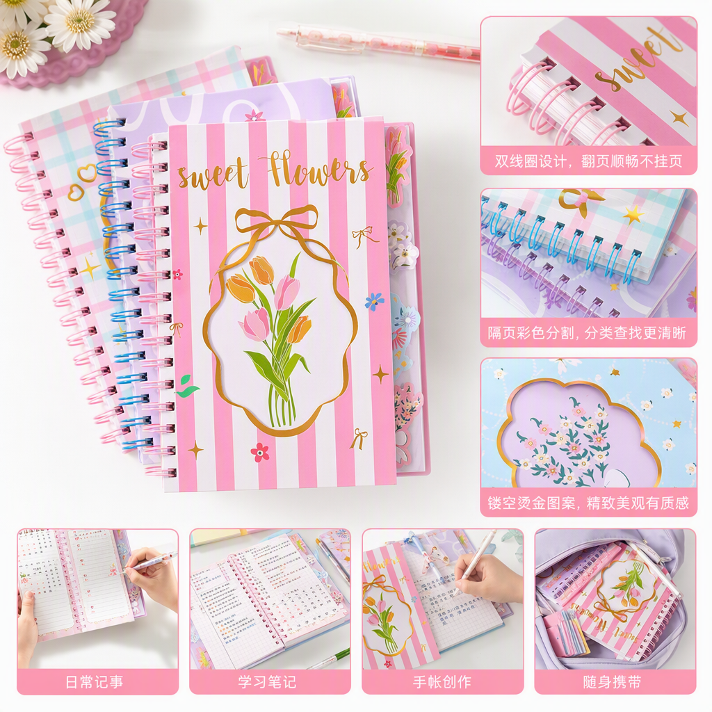 Color flores tema espiral cuaderno estudiante creativo apuntes libro libro de mano ilustrador colorido organizador de oficina