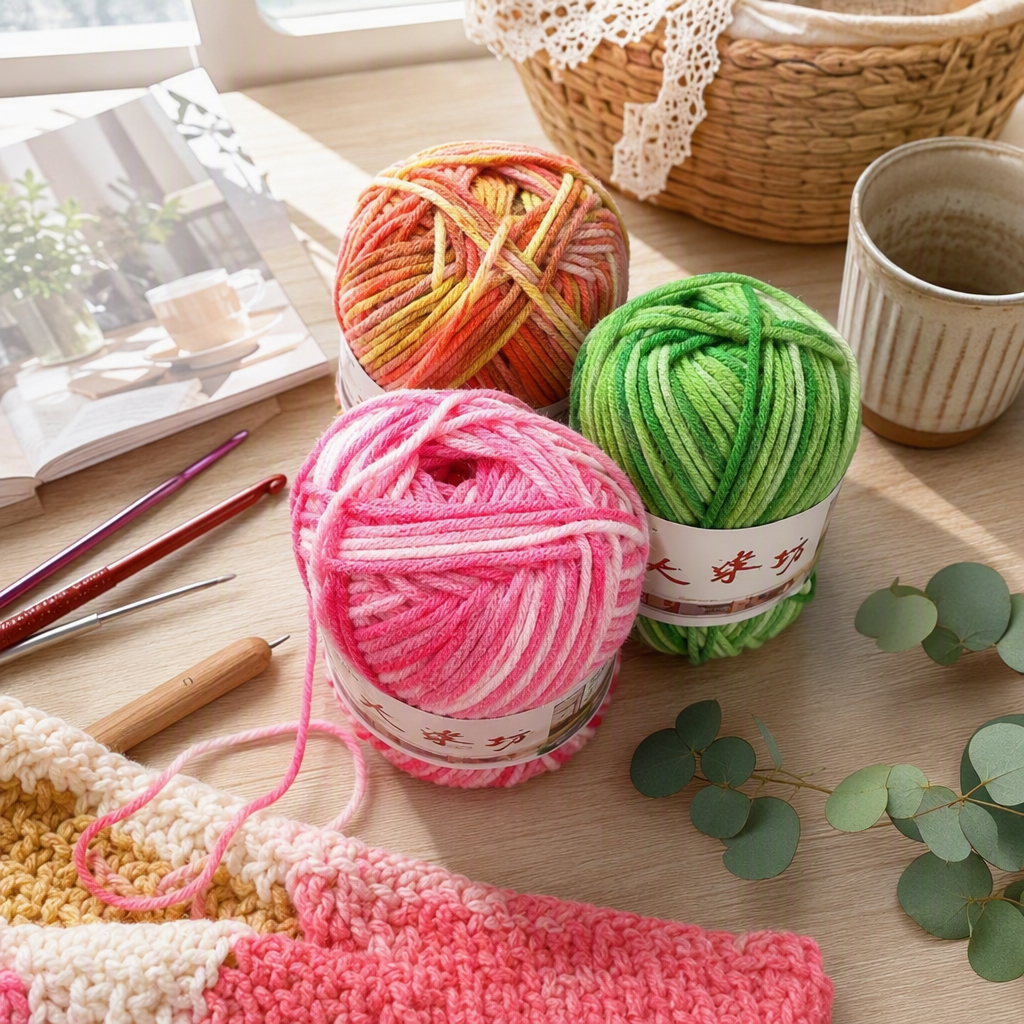 5 hilos gradiente patrón color segmento teñido leche algodón interlock hilo hecho a mano material de bricolaje hilo muñeca ropa accesorios
