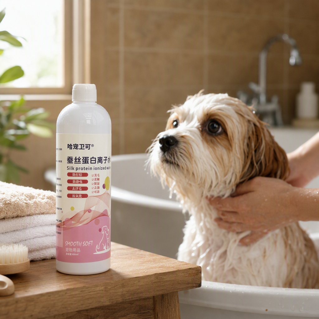 Ha Chong Wei Ke Silk Protein Ionized Water Pet Care Products in pink and white color bottles, soft and nourishing for pets details Picture