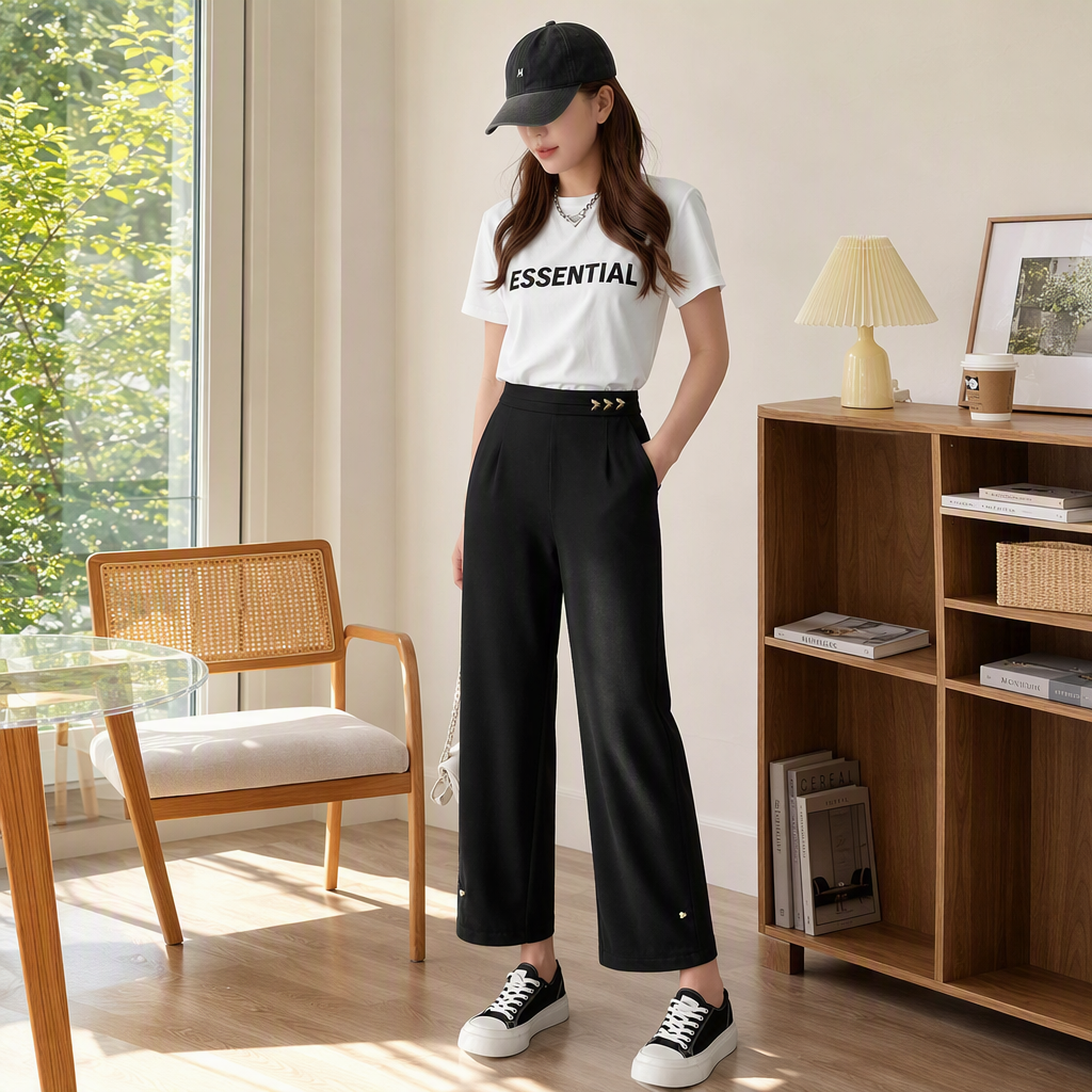 Moda versátil cintura alta pantalones de pierna ancha mujeres pantalones sueltos casual look slim negro tendencia nuevo details Picture