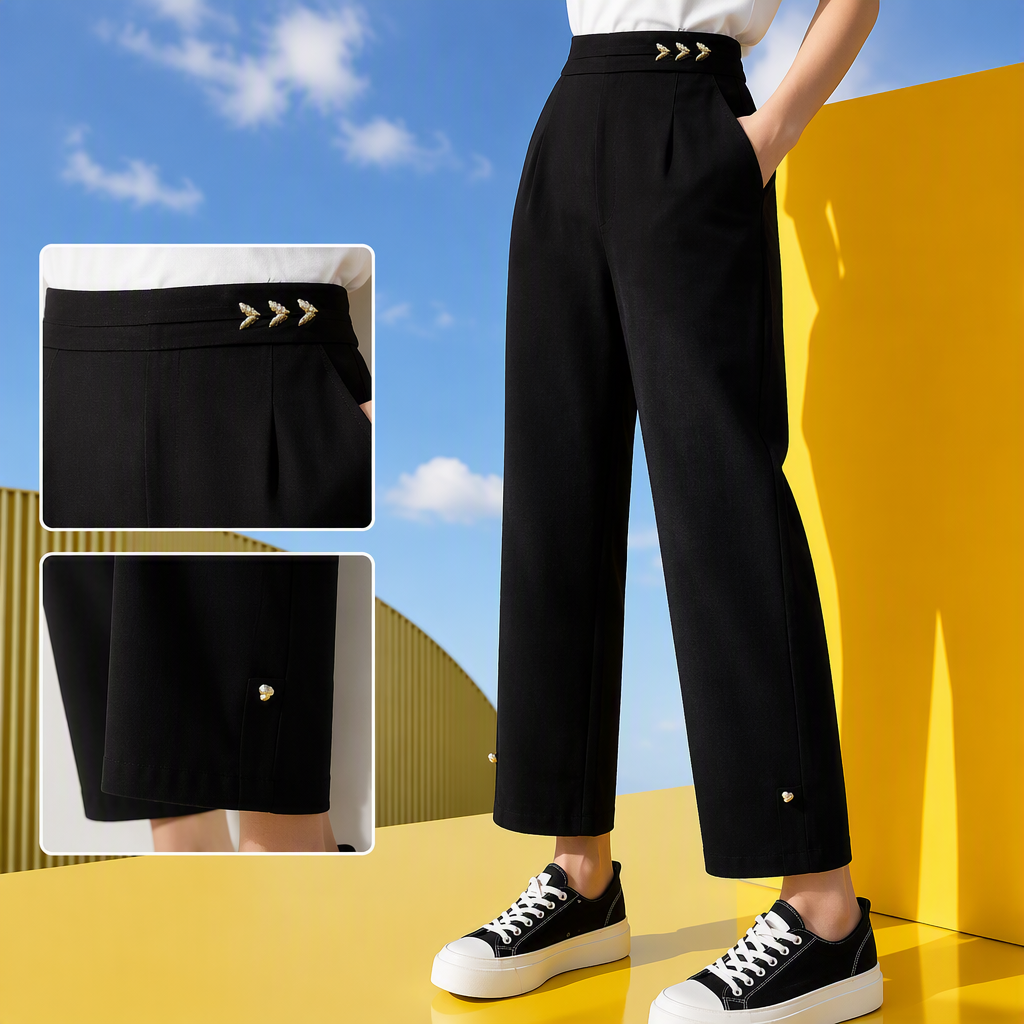 Moda versátil cintura alta pantalones de pierna ancha mujeres pantalones sueltos casual look slim negro tendencia nuevo Specification image