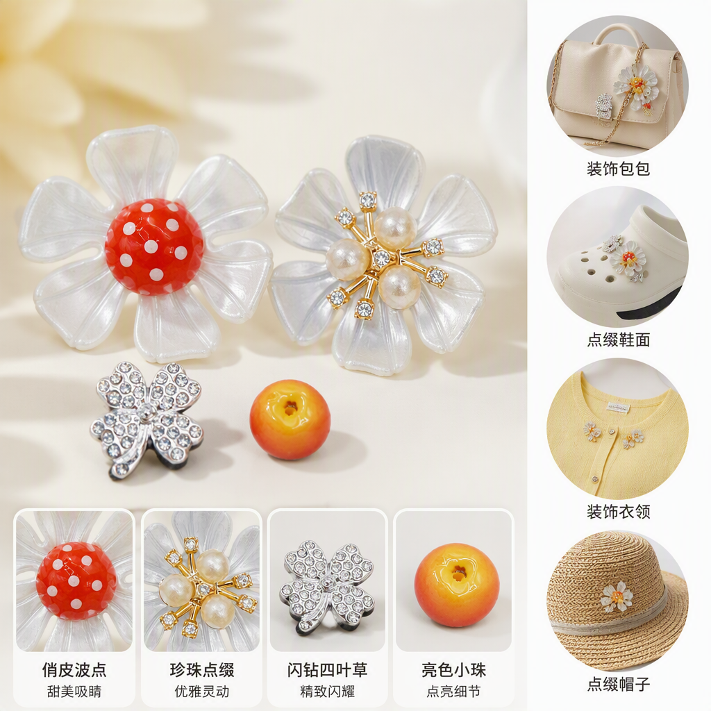 White petal flower brooch, silver diamond-encrusted four-leaf clover brooch, red background with white dot petal decoration, orange-red apple-shaped accessory
