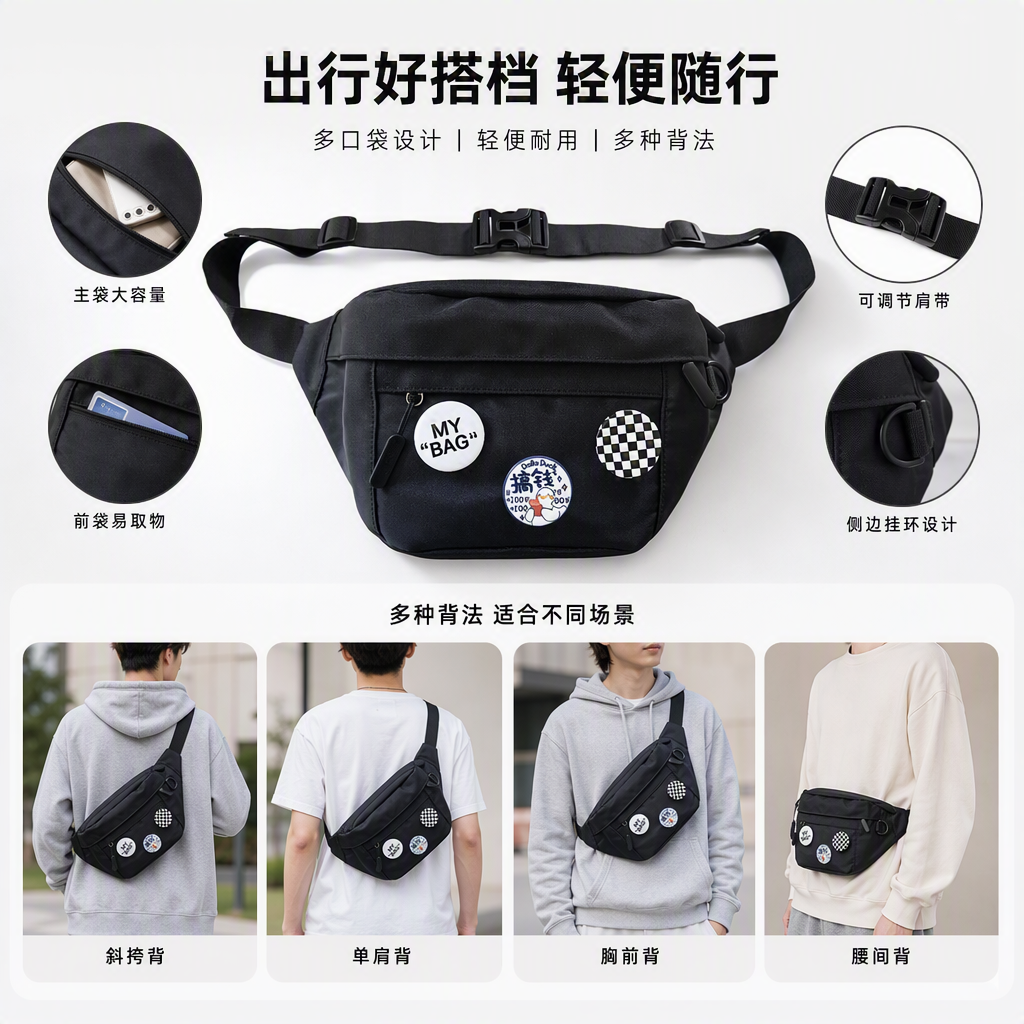 A multi-functional fashionable casual waist bag, a versatile crossbody bag for both men and women's sports trends