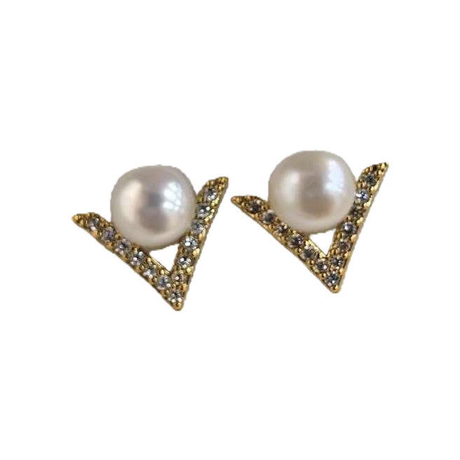 Caja de joyería blanca perla en forma de V con diamantes pendientes simples y elegantes orejeras moda femenina accesorios versátiles Item Picture