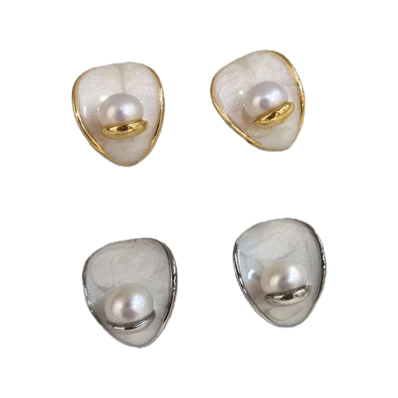 White jewelry storage box, two pairs of pearl stud earrings, gold and silver frame, simple and fashionable ear accessory storage box, gift box set Item Picture