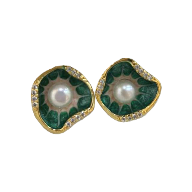 Fashionable green enamel pearl earrings, simple and elegant style, stud earrings, trendy accessories for women Item Picture