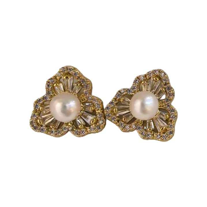 Shining golden flower-shaped pearl stud earrings, simple and elegant, versatile earrings, trendy women's accessories Item Picture