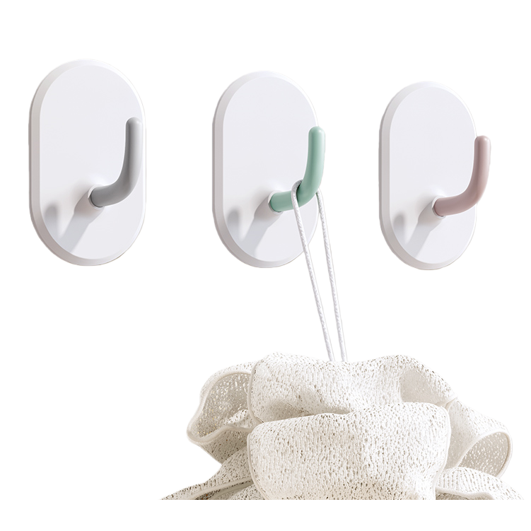 【CL】26Q2#57718 White oval-shaped seamless adhesive hook, colored handle, double-sided magnetic hook, no need for drilling, strong adhesive for household storage items Application Scenario