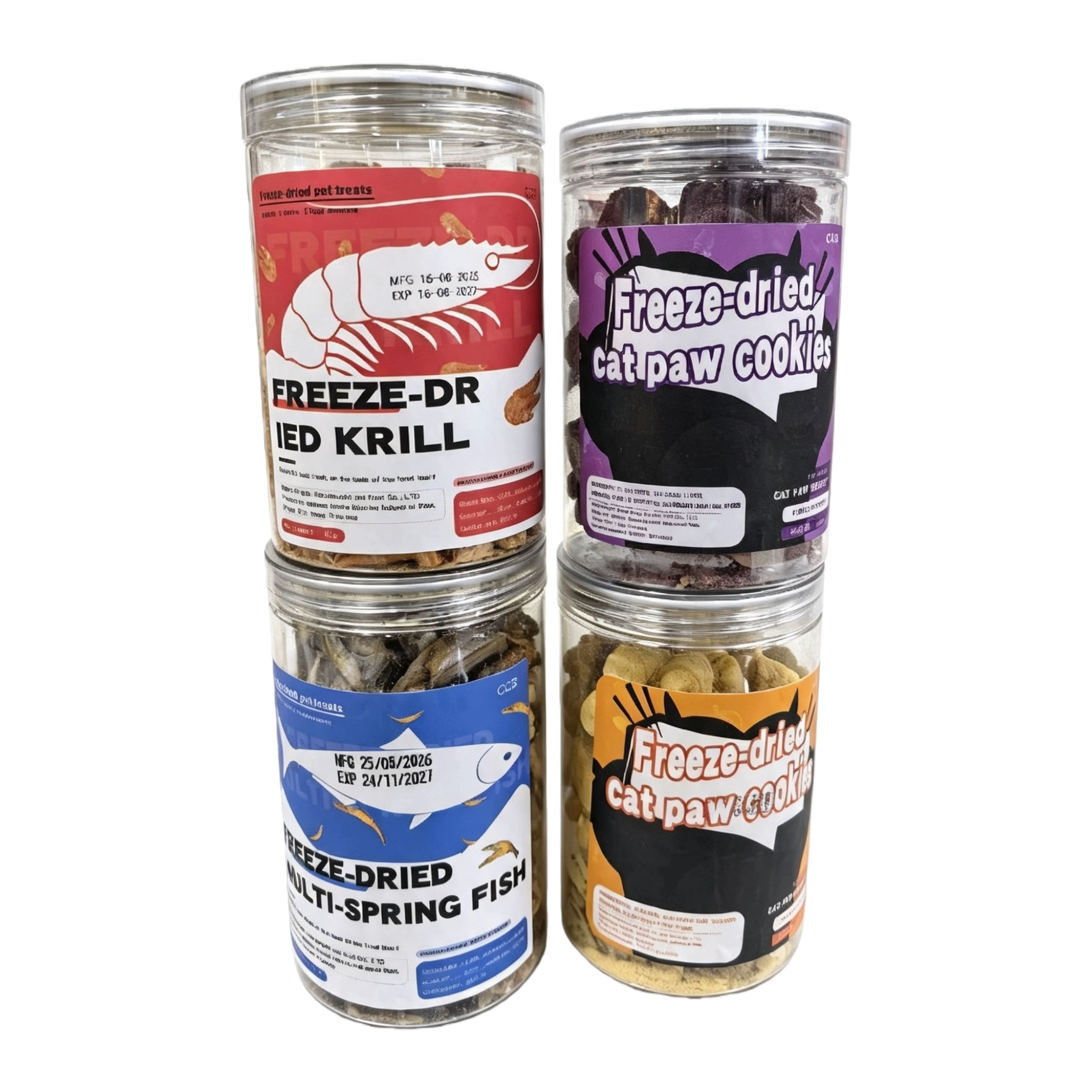 Transparent canned freeze-dried pet snacks for cats, including shrimp, fish, cat paw cookies, chicken, and pet chicken freeze-dried cans for wholesale Item Picture