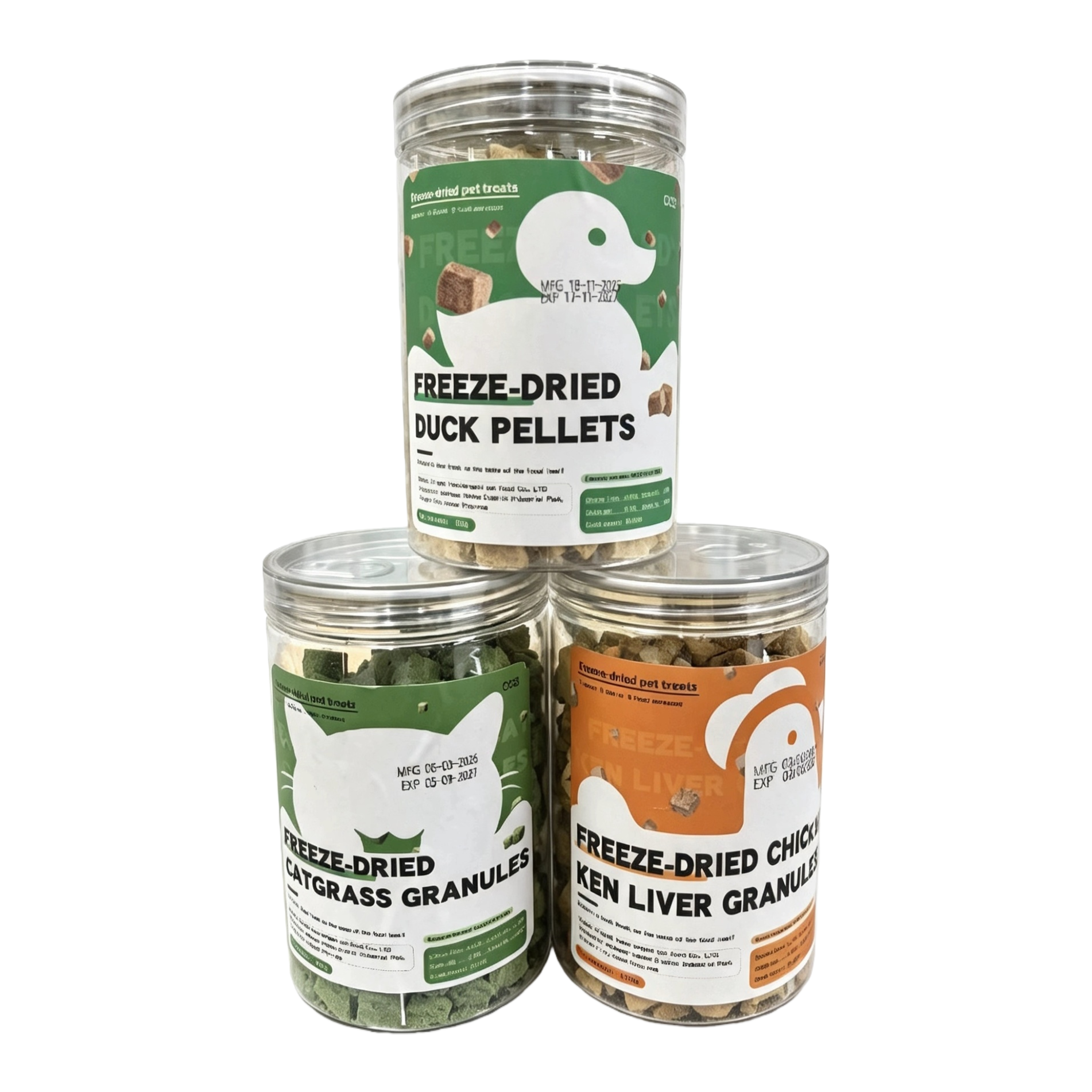 A multi-flavor pet canned freeze-dried snack set with duck pellet, cat grass granules, chicken liver granules, suitable for dogs and cats to supplement nutrition. Pet canned freeze-dried Item Picture