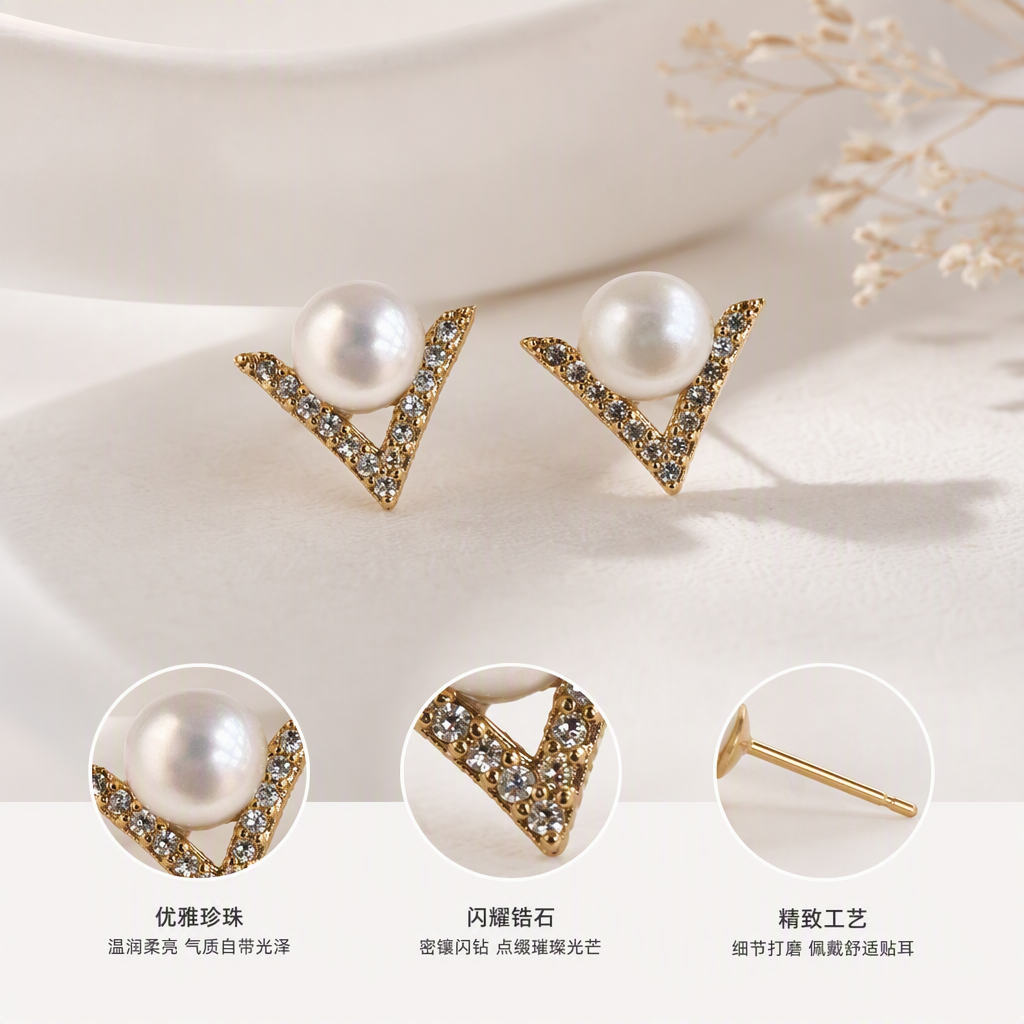 Caja de joyería blanca perla en forma de V con diamantes pendientes simples y elegantes orejeras moda femenina accesorios versátiles