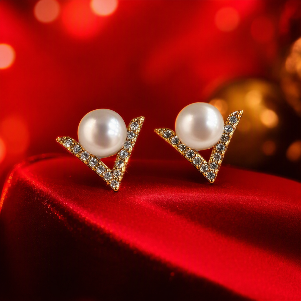 Caja de joyería blanca perla en forma de V con diamantes pendientes simples y elegantes orejeras moda femenina accesorios versátiles Specification image