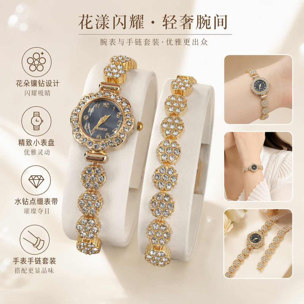 A luxurious gold diamond-encrusted watch paired with an exquisite bracelet set is a fashionable and trendy accessory gift for women