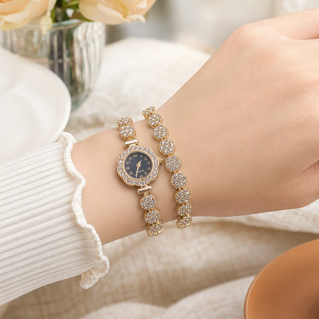 Lujo oro diamantes diamantes relojes con exquisito conjunto de pulsera moda tendencia para las mujeres accesorios regalos details Picture