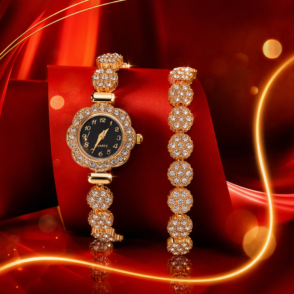 Lujo oro diamantes diamantes relojes con exquisito conjunto de pulsera moda tendencia para las mujeres accesorios regalos Specification image