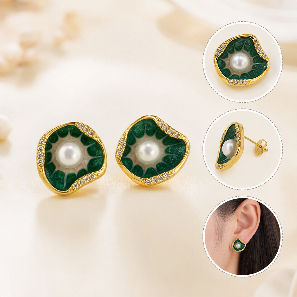 Fashionable green enamel pearl earrings, simple and elegant style, stud earrings, trendy accessories for women