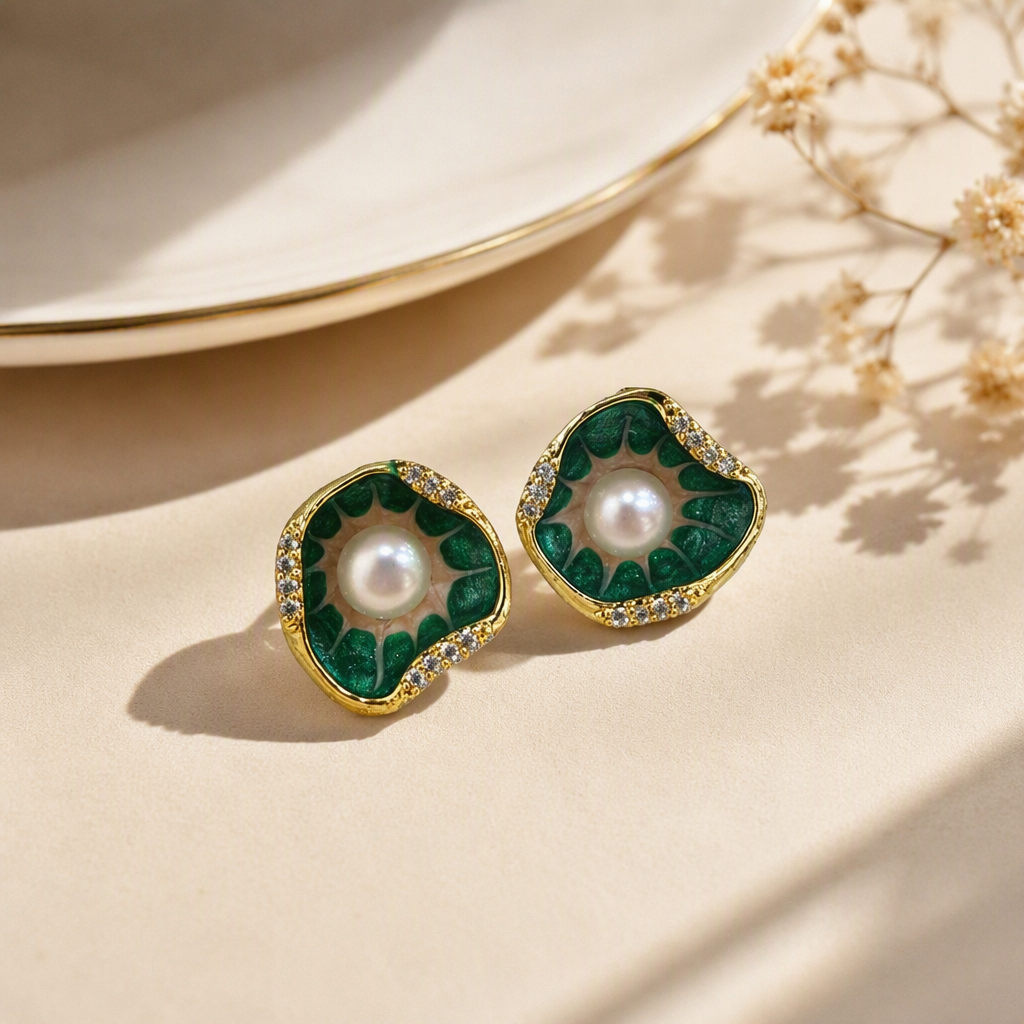 Fashionable green enamel pearl earrings, simple and elegant style, stud earrings, trendy accessories for women details Picture