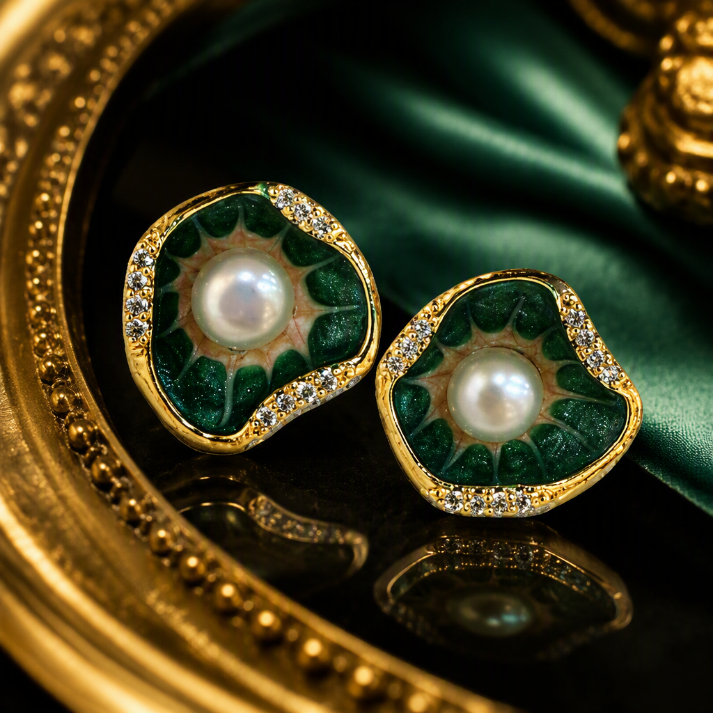Fashionable green enamel pearl earrings, simple and elegant style, stud earrings, trendy accessories for women Specification image