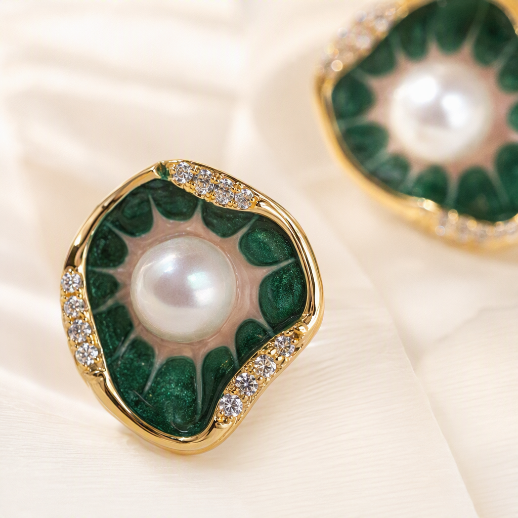 Fashionable green enamel pearl earrings, simple and elegant style, stud earrings, trendy accessories for women Application Scenario