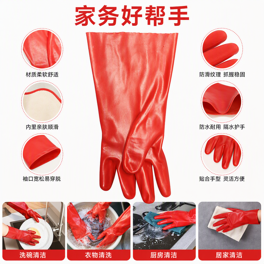 耐用防滑厨房清洁手套防水防油红色橡胶手套家务必备用品