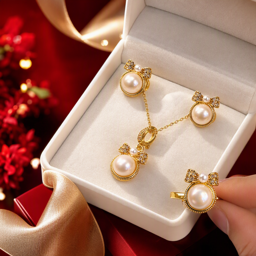 The golden pearl bow jewelry set is a fashionable and elegant accessory gift for your girlfriend's birthday Specification image