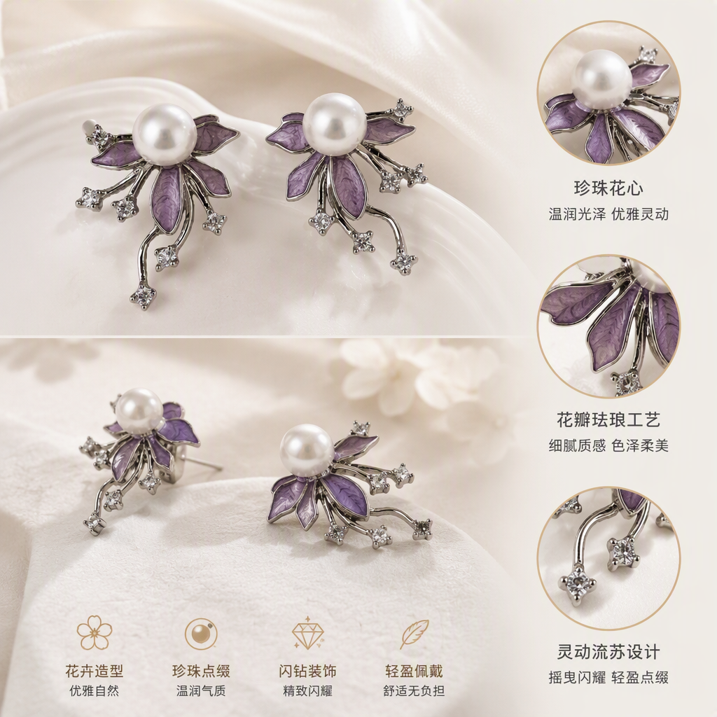 Purple enamel flower pearl stud earrings are simple, elegant and stylish earrings for women, a fashionable and versatile style