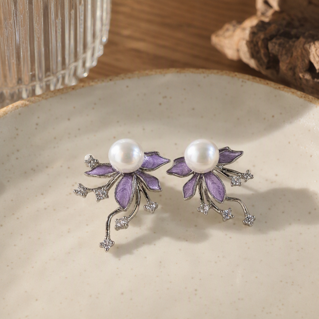 Purple enamel flower pearl stud earrings are simple, elegant and stylish earrings for women, a fashionable and versatile style details Picture