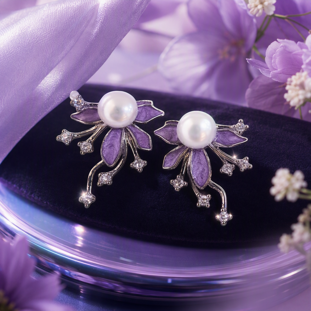 Purple enamel flower pearl stud earrings are simple, elegant and stylish earrings for women, a fashionable and versatile style Specification image
