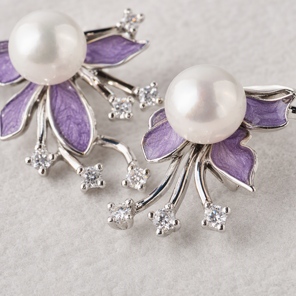 Purple enamel flower pearl stud earrings are simple, elegant and stylish earrings for women, a fashionable and versatile style Application Scenario