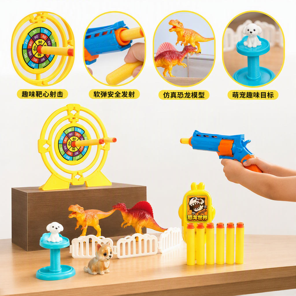 Color dinosaurio tema shooter set contiene azul naranja juguete arma blanco disco amarillo modelo de dinosaurio animal piercing cartucho de lanzamiento juguetes de puzzle para niños